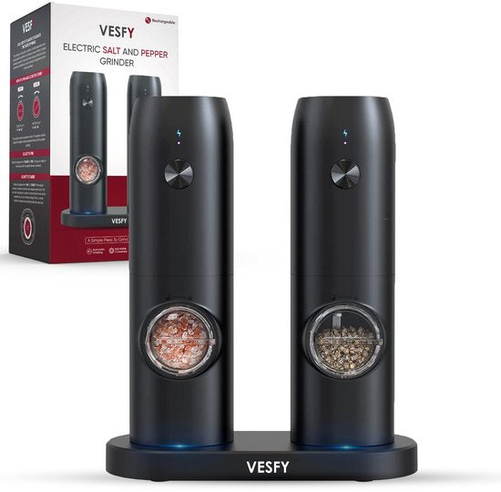 Vesfy Elektrische Peper en Zoutmolen Set - Oplaadbaar met Laadstation - Instelbare Maalgraad - LED-Licht - Pepermolen