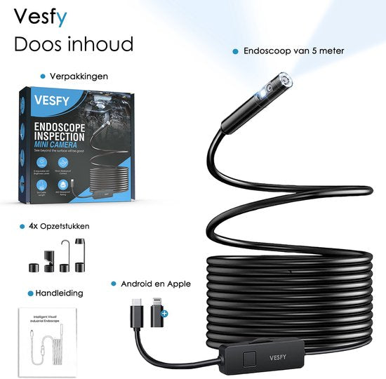 Vesfy Inspectiecamera Met App en Dubbele Camera - Verlichting - 5 Meter - 1920P HD - Android-IOS - IP67 Waterdicht - Endoscoop