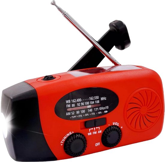 NovaWare Noodradio Solar Opwindbaar - Powerbank Zonneenergie met 5000mAh - FM-AM - Noodpakket - Draagbare Radio – Batterij - Rood