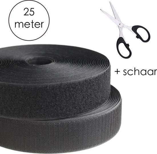 Klittenband Zelfklevend 25 meter - Klittenband zelfklevend Zwart - Klittenband - Zelfklevend Klittenband - Klittenband Rol - Klittenband met schaar