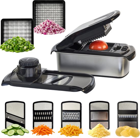 Chefino Groentesnijder Set 12-delig - Mandoline Keukensnijder met 7 Snijopties - Blokjessnijder - Julienne Snijder - Rasp - Uiensnijder - Opvangbak 1L