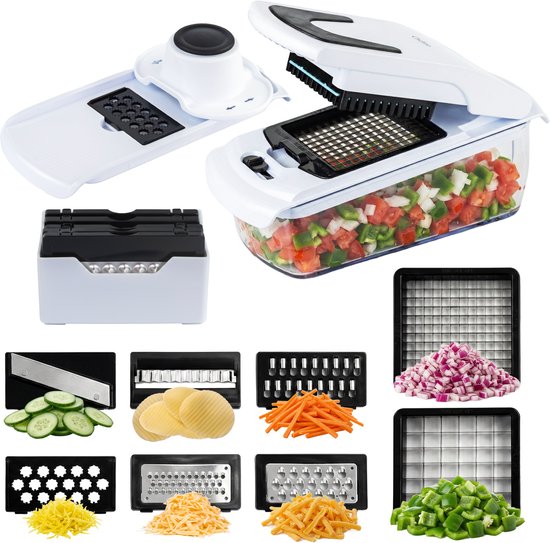 Mandoline Groentesnijder Set met Opvangbak – Groentehakker – Blokjessnijder – Julienne Snijder – Uiensnijder – RVS Messen – Groente Chopper met 8 Snijbladen – Keukensnijder