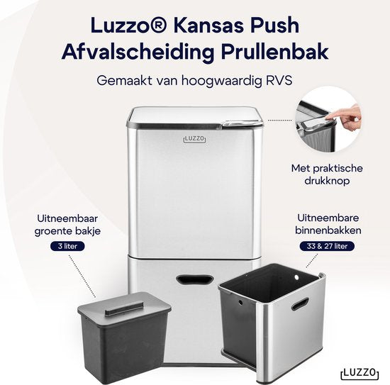 Luzzo Kansas Push Afvalscheidingsprullenbak 63 liter 3 bakken