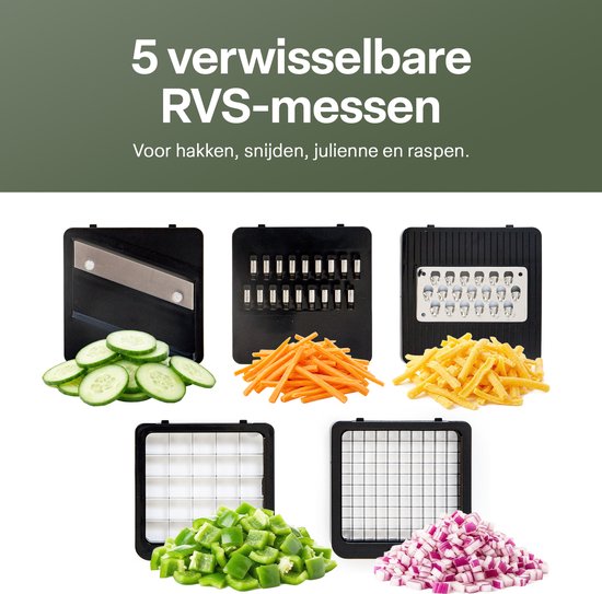 Groentesnijder Set met Opvangbak 750 ml – Mandoline Snijder – Groente Hakker – Uiensnijder – Blokjessnijder – Julienne Snijder – Groente Rasp – Keuken Mandoline met 5 RVS Messen
