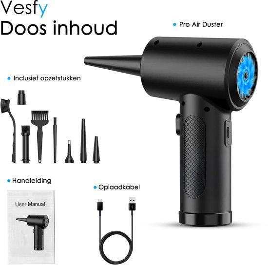 Air Duster met Verlichting en 3 Snelheden - 6 Opzetstukken - 51.000 RPM - Draadloos & USB Oplaadbaar - Perslucht - Compressed air