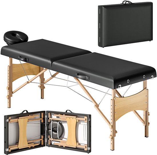 Hoogteverstelbare Massagetafel met Houten Frame - Opvouwbaar Massagebed met Schuimvulling - Zwart