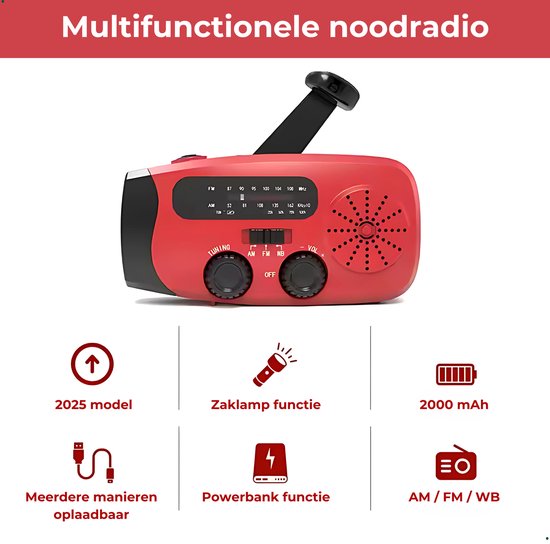 NOVIFY Noodradio - Oplaadbare Radio met Powerbank en Zaklamp - AM/FM - USB-C Kabel - Opladen via Zon, USB & Crank - Survival Radio voor Noodsituaties en Avontuur