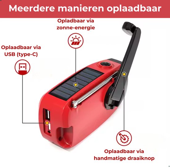 NOVIFY Noodradio - Oplaadbare Radio met Powerbank en Zaklamp - AM/FM - USB-C Kabel - Opladen via Zon, USB & Crank - Survival Radio voor Noodsituaties en Avontuur