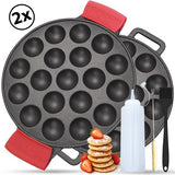 Chefino 2-delige gietijzeren poffertjespan set – 38 poffertjes tegelijk – inclusief doseerfles, vork, bakkwast en siliconen handgrepen – geschikt voor alle warmtebronnen (gas, inductie, oven, keramisch, elektrisch)