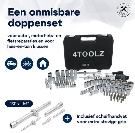 4toolz ® Doppenset 108-delig in Koffer - 72 tands Ratels 1/2" en 1/4'' Doppen en Bit-set