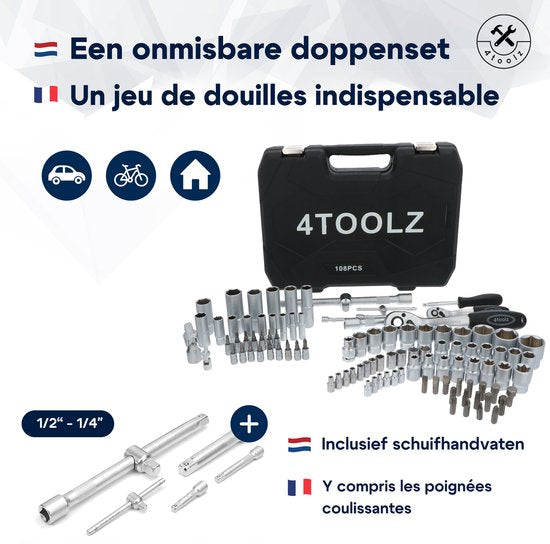 4toolz ® Doppenset 108-delig in Koffer - 72 tands Ratels 1-2" en 1-4'' Doppen en Bit-set