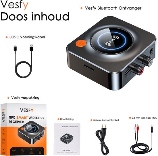Vesfy Bluetooth Ontvanger - Bluetooth 5.1 Adapter - NFC - AUX & RCA - Voor Stereo, Speakers & Auto