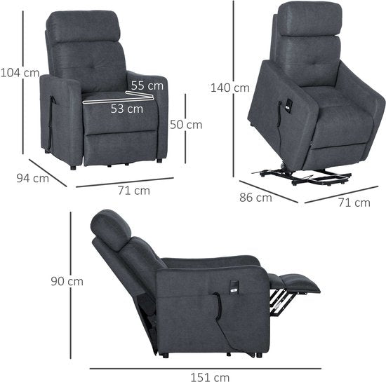 Elektrische Relax fauteuil met opstahulp en ligfunctie - Grijs