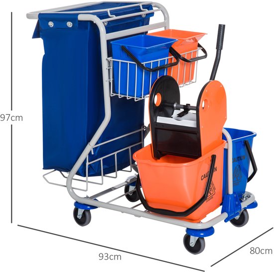 Schoonmaakkar Schoonmaakwagen met Wringer en 4 emmers met wielen