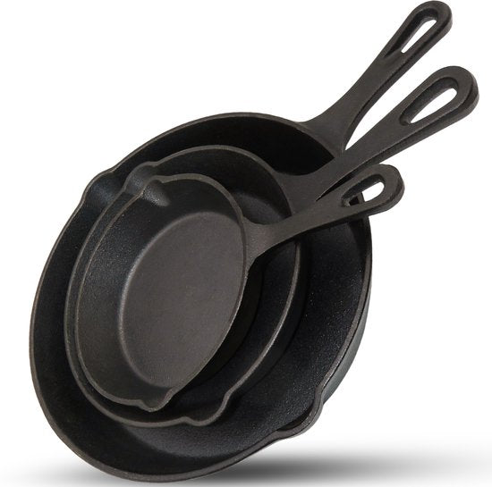 Chefino Gietijzeren Pannenset – 3-delige Skillet Set – Pannenset Inductie – Gietijzeren Pan voor BBQ, Oven en Fornuis – PFAS-vrij en Krasbestendig