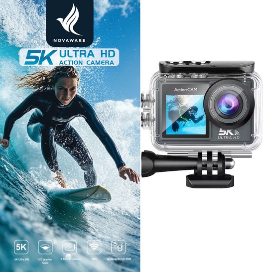 NovaWare Action Camera 5K - Vlog Camera - Onderwater Camera - Waterdicht tot 30M - Actie Camera - 24MP - Ultra 4K met 60 FPS - Beeldstabilisatie EIS - IMX sensor