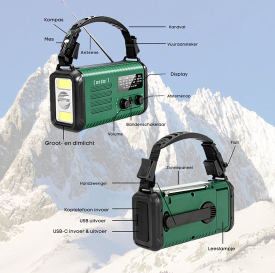 NovaWare NoodRadio Solar Opwindbaar - FM-AM - Powerbank Zonneenergie met 20.000mAh - Survival Noodpakket - Draagbare Radio op batterijen – Groen