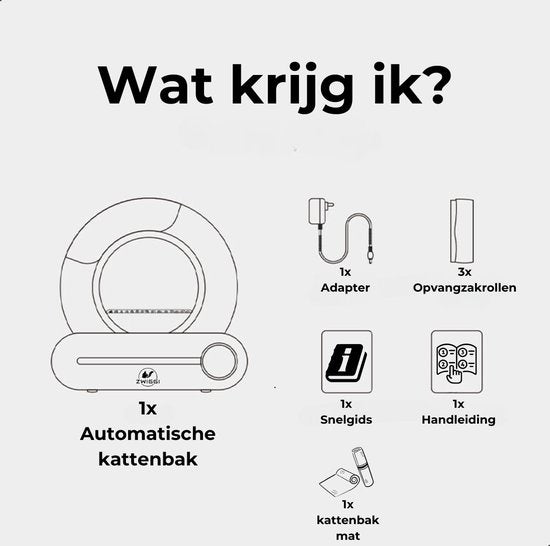 Zwiggi® Automatische kattenbak - Kattenbak zelfreinigend- Kattenbak + 45 Afvalzakjes (3 rollen) & Kattenbakmat - (Werkt met & zonder app) - Wit 65L