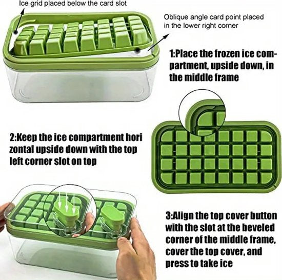 Sasemy - Ijsblokjes - 32 ijsblokjes - Ijsblokjes maker Deluxe - IJsblokjes vorm met bakje en deksel - IJsklontjes - Zomer - BPA vrij - Cocktails - Ijsjes - Smoothies - Sapjes - BBQ - Transparant - Niet vaatwasser bestendig