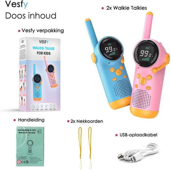 Vesfy Pro Walkie Talkie voor Kinderen - Set van 2 - USB Oplaadbaar - 3 km Bereik - Speelgoed - Portofoon