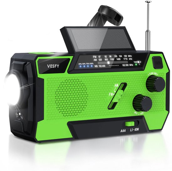 Vesfy Noodradio Solar & Opwindbaar - 2000 mAh Powerbank - AM-FM Radio met LED Zaklamp - Voor Noodpakket, Camping & Stroomuitval