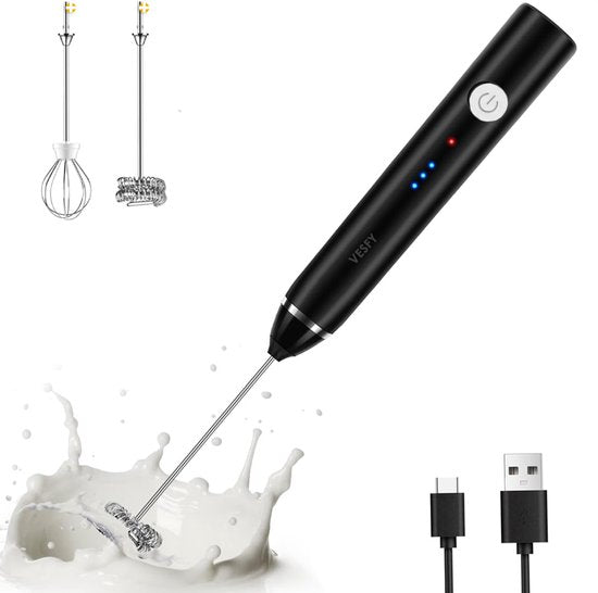 Pro Elektrische Melkopschuimer - USB Oplaadbaar - 3 Snelheden - 2 Opzetstukken - Voor Koffie, Cappuccino & Matcha