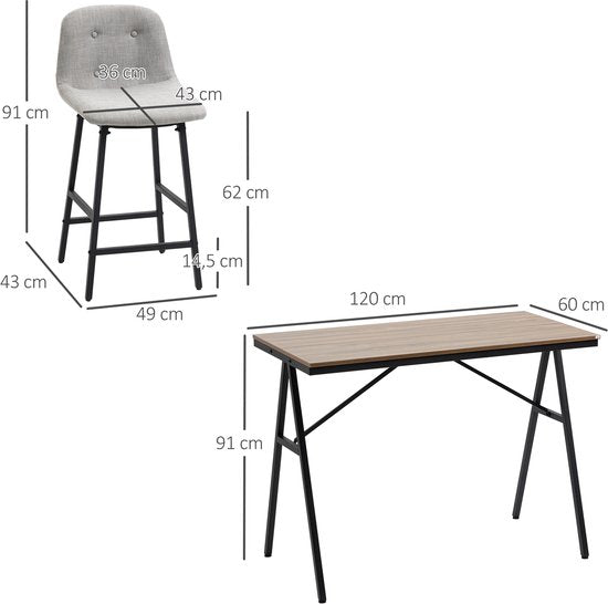 5-delige Bartafel met 4 Stoelen - Comfortabele Dikke Linnenlook Stoelbekleding - Grijs