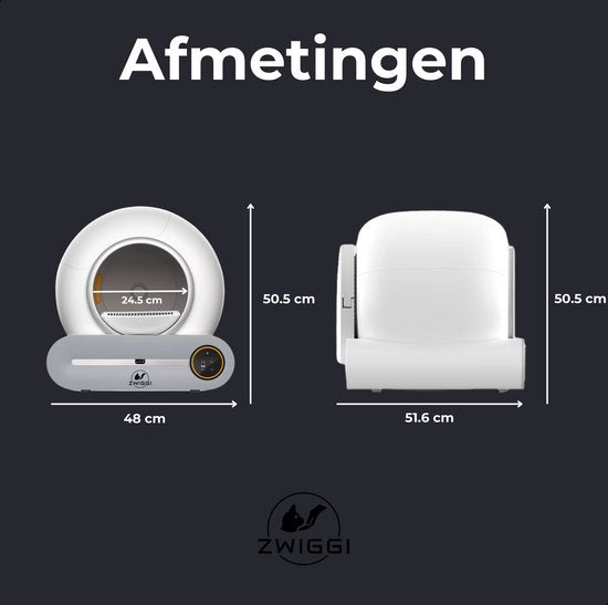 Zwiggi® Automatische kattenbak - Kattenbak zelfreinigend- Kattenbak + 45 Afvalzakjes (3 rollen) & Kattenbakmat - (Werkt met & zonder app) - Wit 65L