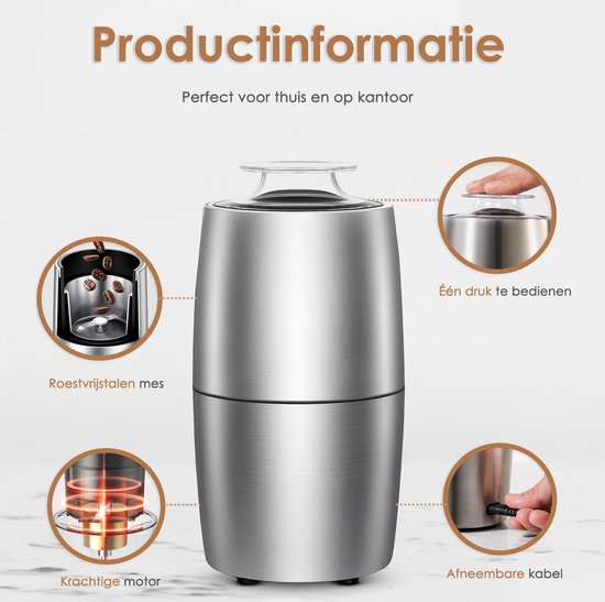 Elektrische Koffiemolen - 200W - 60g Capaciteit - Roestvrij Staal - Stil (45dB) - Koffiebonen, Noten & Specerijen