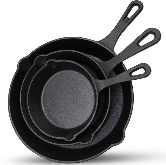 Chefino Gietijzeren Pannenset – 3-delige Skillet Set – Pannenset Inductie – Gietijzeren Pan voor BBQ, Oven en Fornuis – PFAS-vrij en Krasbestendig