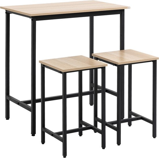 Bartafelset in industrieel design, 3-delig, 1 tafel, 2 krukken, Zwart + Natuur