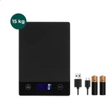 AKSA Home® Digitale Precisie Keukenweegschaal – Weegschaal Keuken - USB Oplaadbaar - 1gr tot 15kg – Tarra Functie - Inclusief Twee Batterijen - Zwart
