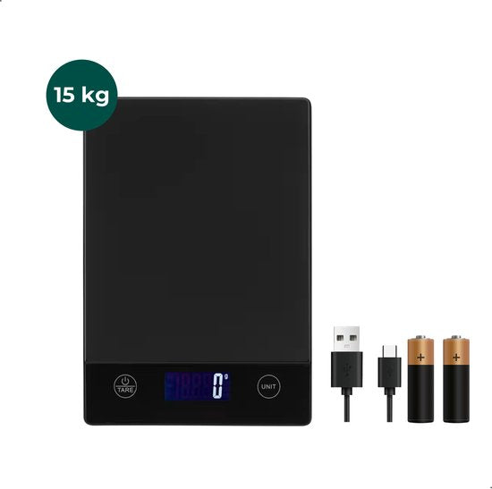 AKSA Home® Digitale Precisie Keukenweegschaal – Weegschaal Keuken - USB Oplaadbaar - 1gr tot 15kg – Tarra Functie - Inclusief Twee Batterijen - Zwart