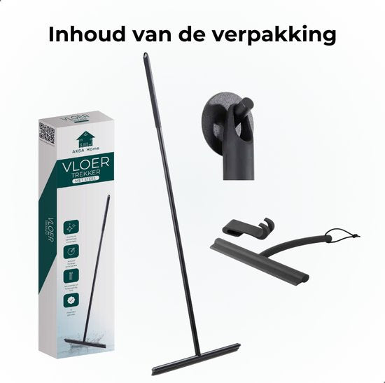 AKSA Home® Vloertrekker met Raamwisser - Douchewisser - Trekker Douche - RVS Vloerwisser - met Steel - Zwart