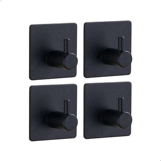 AKSA Home® Handdoekhaakjes Zelfklevend Vierkant 4 stuks - Handdoekhouder Zwart - Wandhaak - Haken - Ophanghaken