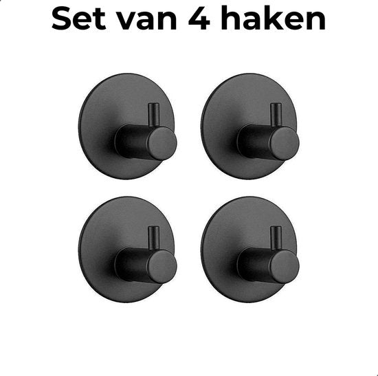 AKSA Home® Handdoekhaakjes Zelfklevend Rond 4 stuks - Handdoekhouder Zwart - Wandhaak - Haken - Ophanghaken