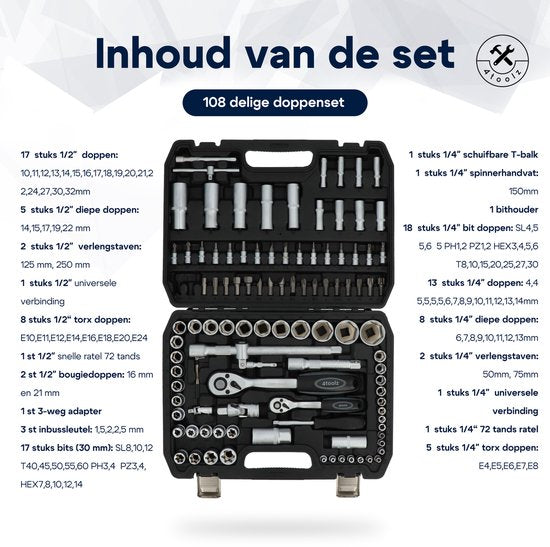 4toolz ® Doppenset 108-delig in Koffer - 72 tands Ratels 1/2" en 1/4'' Doppen en Bit-set