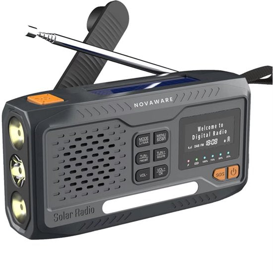 NovaWare® Noodradio Solar Opwindbaar - Powerbank Zonneenergie met 4500mAh - DAB+-FM - Noodpakket - Bluetooth speaker - Draagbare Radio – Oplaadbaar & Op Batterijen - Grijs