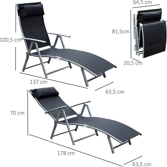 4goodz Comfortabele Zonnebed 7-standen - Textileen ligstoel - Zwart
