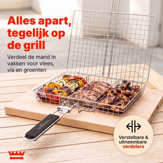 Grillmand BBQ – RVS Barbecue Grillmand met Deksel – 31 x 24,2 cm – Met 2 Uitneembare Verdelers – Afneembaar Handvat – Voor Vis, Vlees & Groenten
