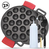 Chefino 2-delige gietijzeren poffertjespan set – 38 poffertjes tegelijk – inclusief doseerfles, vork, bakkwast en siliconen handgrepen – geschikt voor alle warmtebronnen (gas, inductie, oven, keramisch, elektrisch)