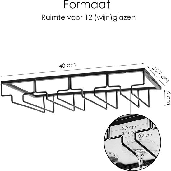Wijnglazenhouder - 2 Stuks - Zwart - 12 Glazen - 40 cm x 22,5 cm x 6 cm - Wijnglazenrek - Wijnglazenhouder Ophangrek - Glasophangrek - Glazenrek - Wijnglazen houder - Wijnrek