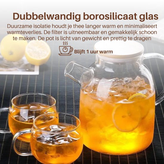 GREENKY® Glazen theepot met filter en bamboe deksel- Theekan - Duurzaam - Filter - Theehouder - Theeglas - Fruitkan - Schenkkan - Teapot - 1,6Liter - 1600ml