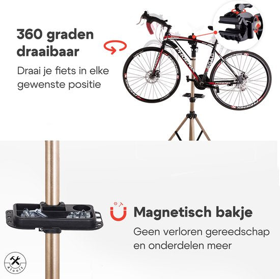 4toolz® Fiets Reparatiestandaard PRO – Aluminium – 360° Draaibaar - Met Gereedschapsbakje