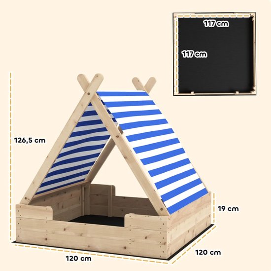 Zandbak met Weerbestendig Tentdak, voor 3 Kinderen 120x120x126,5 cm