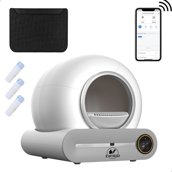 Zwiggi® Automatische kattenbak - Kattenbak zelfreinigend- Kattenbak + 45 Afvalzakjes (3 rollen) & Kattenbakmat - (Werkt met & zonder app) - Wit 65L