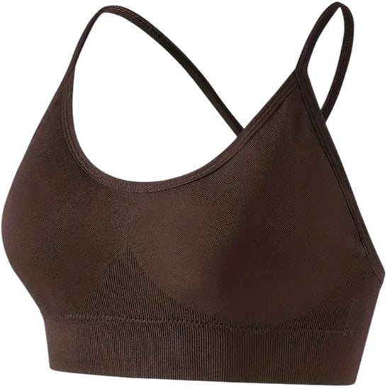 SparkNine Breeze sportbeha - beugelloos - kruislingsbandjes - S - bruin - ademend - open rug - met verwijderbare vulling