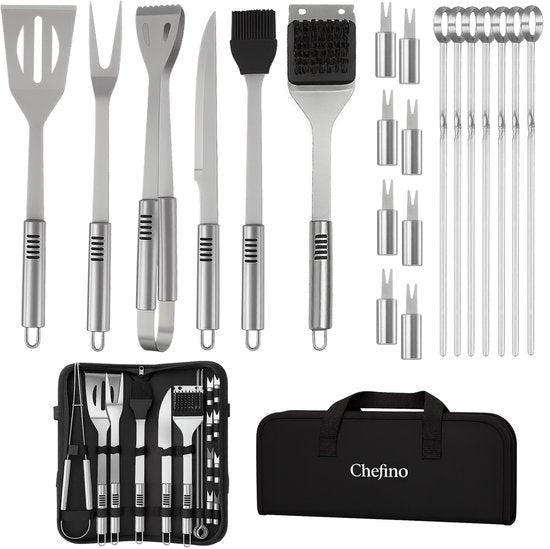 Chefino BBQ Accessoires Set – 21-delig BBQ Pakket – Compleet RVS Barbecue Accessoires met Draagtas – Roestvrijstaal Kamado Accessoires