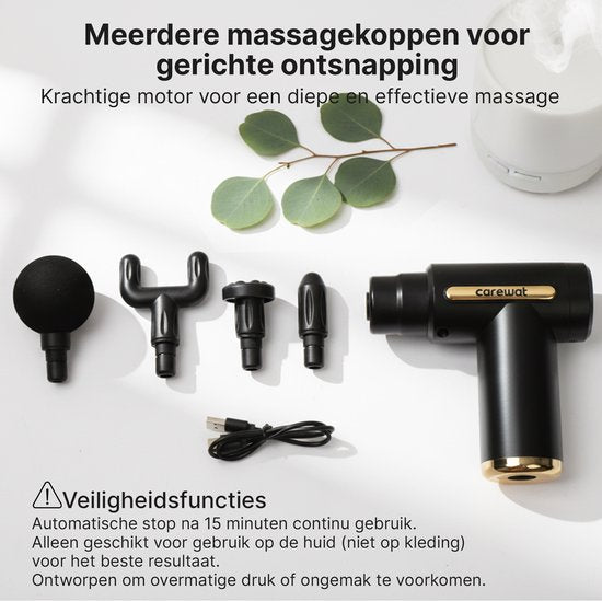 Carewat Massage Gun – Spiermassage Apparaat met 4 Opzetstukken – Draadloos – Stil – Oplaadbaar via USB-C – Spierontspanner voor Nek, Rug en Benen