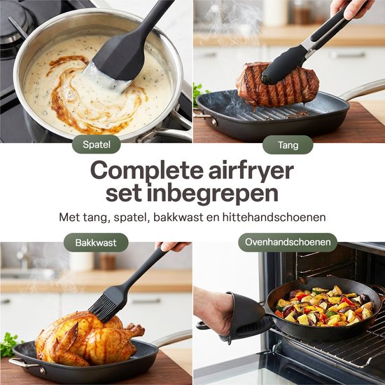 Airfryer Accessoireset 10-delig – Siliconen Bakjes, RVS Rekken, Spiesenrek, Tang, Spatel & Bakkwast – Geschikt voor Dual Zone Airfryer 7-10L – Vaatwasserbestendig & Hittebestendig 230°C